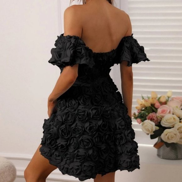 Black Preppy Womens Off Shoulder Contrast Mesh Appliques Dress - Picture 2 of 5